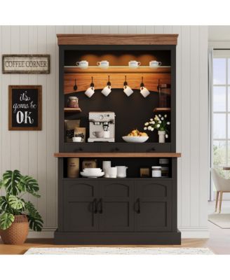 Coffee Bar Cabinet with LED Light, 72" Tall Farmhouse Coffee Bar Hutch with Storage, Sideboard Buffet Cabinet