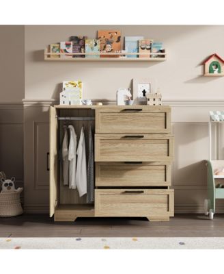 43.3'' Small Wardrobe Closet, Wardrobe Cabinet with Door, 4 Drawers and Handing Rod, Wooden Clothes Cabinet 4 Drawer Dresser