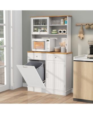 Double Tilt Out Trash Cabinet w/ Hutch Kitchen Pantry Storage Cabinet