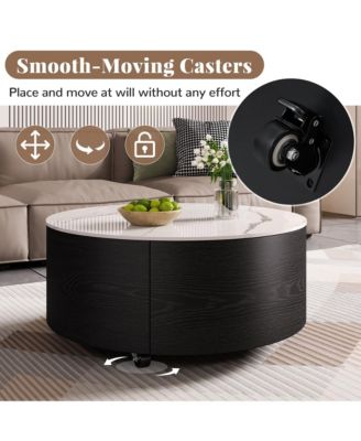 Modern Round Movable Coffee Table with Casters, 2 Drawers, Marble Pattern Sintered Stone Top