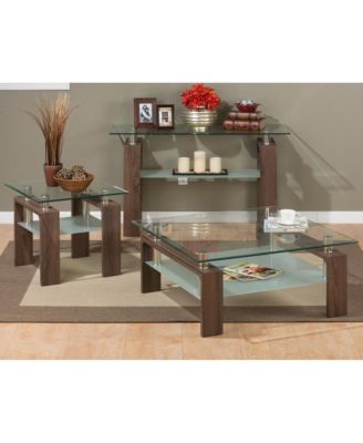 Compass Clear Modern Glass Sofa Table, Brown Wood and Glass