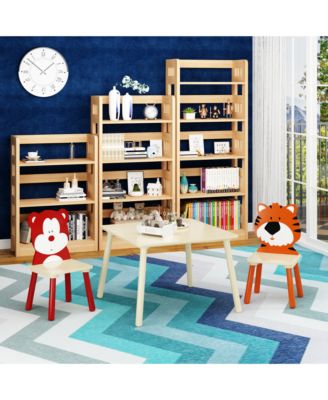 3-Piece Kids Table and Chair Set with Bear and Tiger Theme in Natural