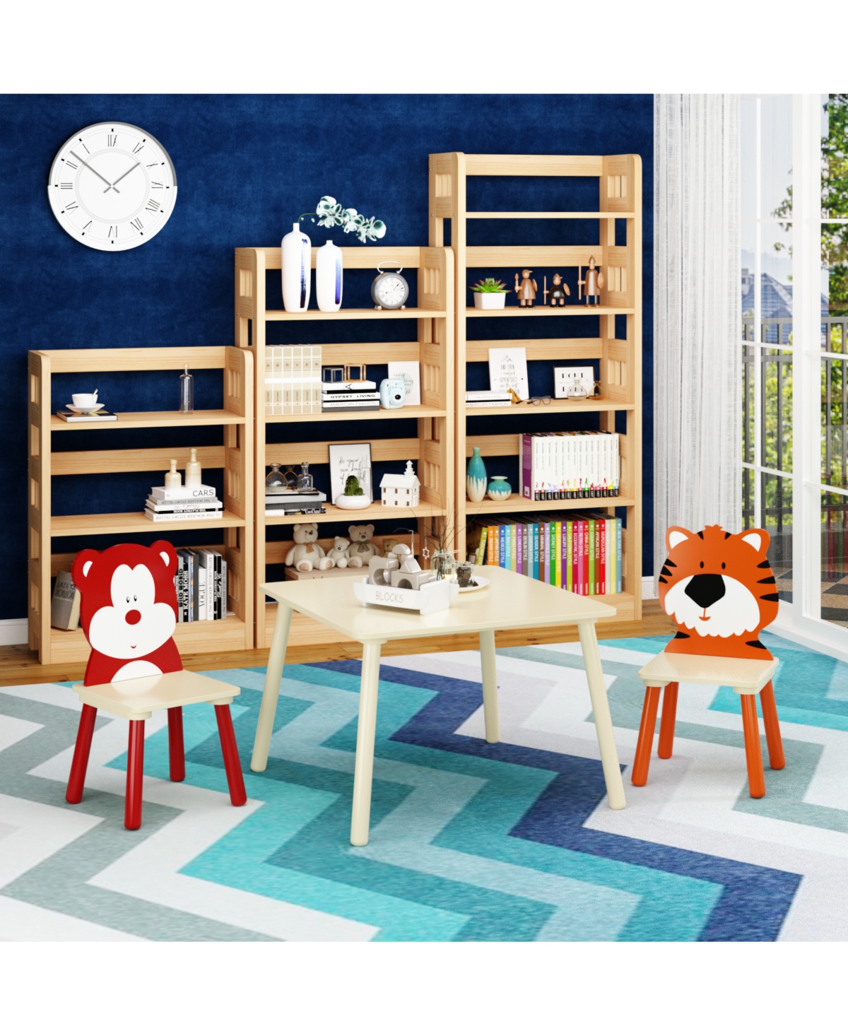 sumyeg 3-Piece Kids Table and Chair Set with Bear and Tiger Theme in Natural