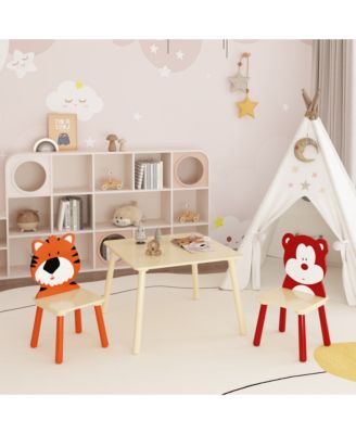 3-Piece Kids Table and Chair Set with Bear and Tiger Theme in Natural