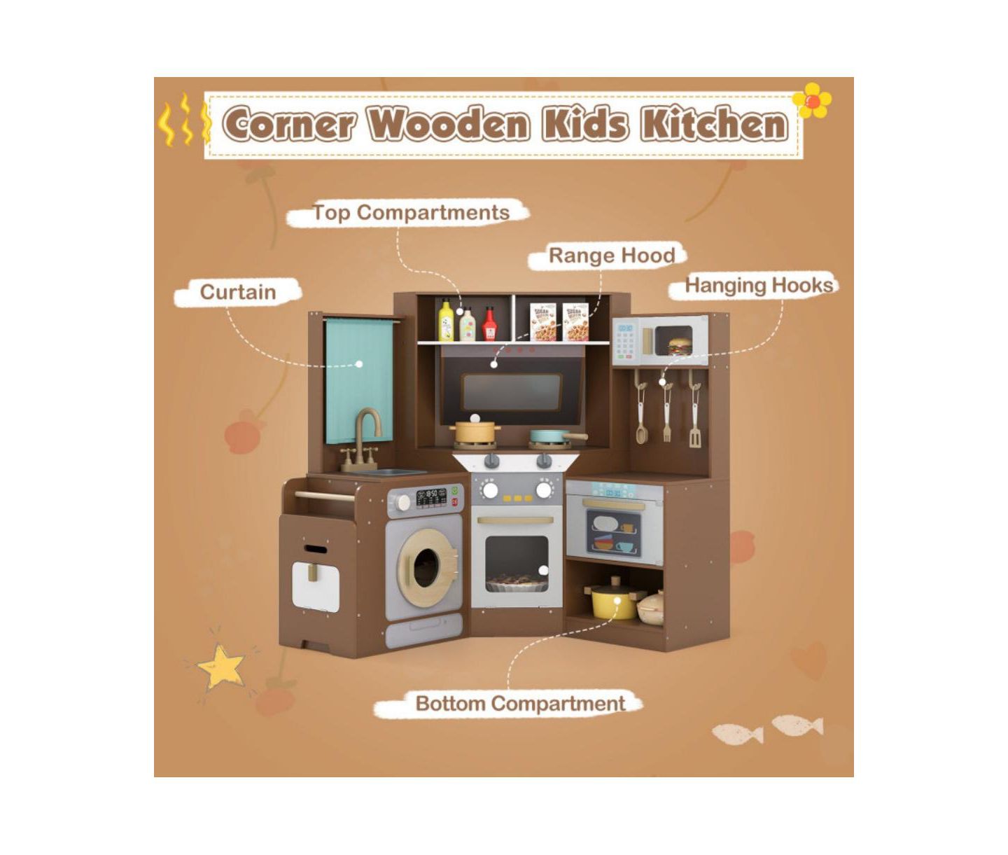 Детская игрушка HONGGE Corner Kids Play Kitchen with Lights and Sounds, Ages 3+, цвет: Коричневый — фото 10