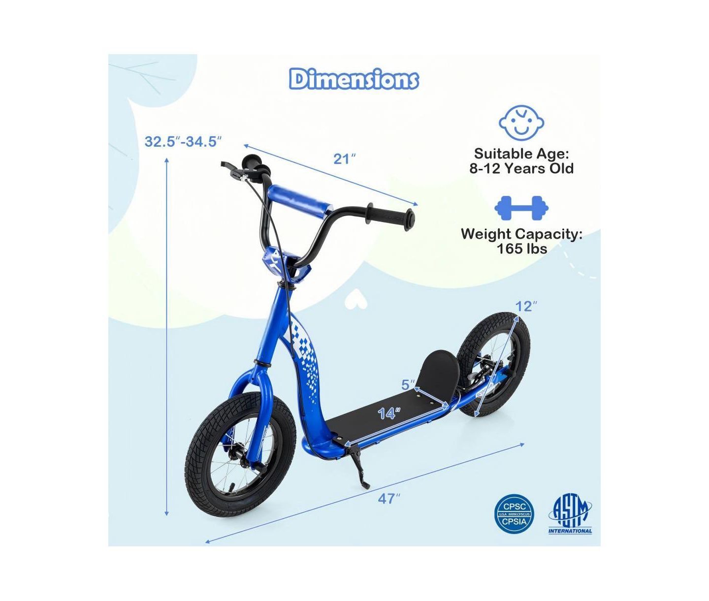 Детская игрушка HONGGE Youth Kick Scooter with Adjustable Height & Inflatable Wheels, Wide Deck, 165 lbs Capacity, Ages 8-13, цвет: Синий — фото 3