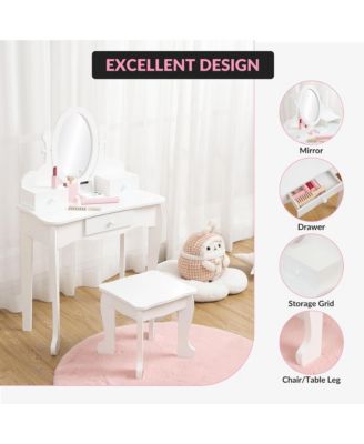 Kids' Vanity Set with Adjustable Mirror, Pretend Play Vanity Table and Stool with Wood Makeup Set