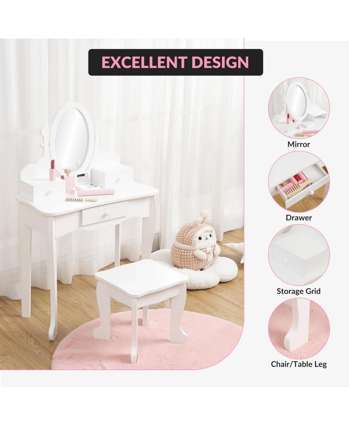 Kids' Vanity Set with Adjustable Mirror, Pretend Play Table and Stool Wood Makeup