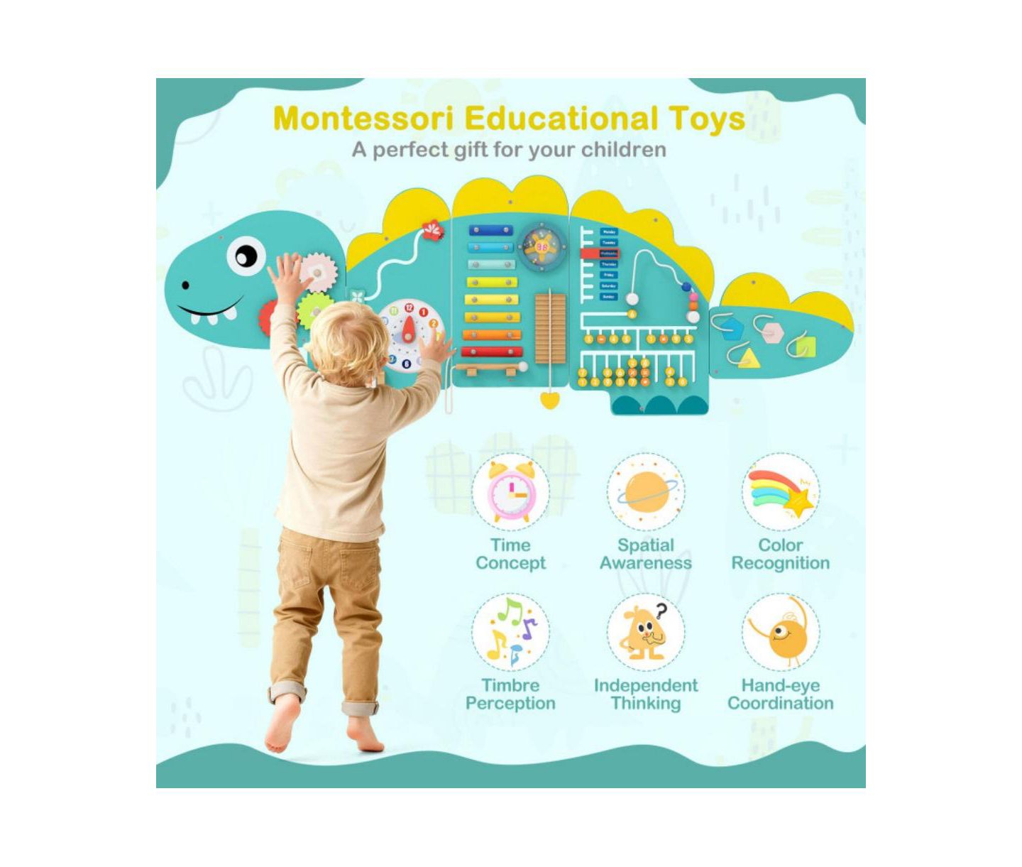 Детская игрушка HONGGE Dinosaur 11-in-1 Montessori-Inspired Wall Activity Board, Ages 3+, цвет: Зелёный — фото 10