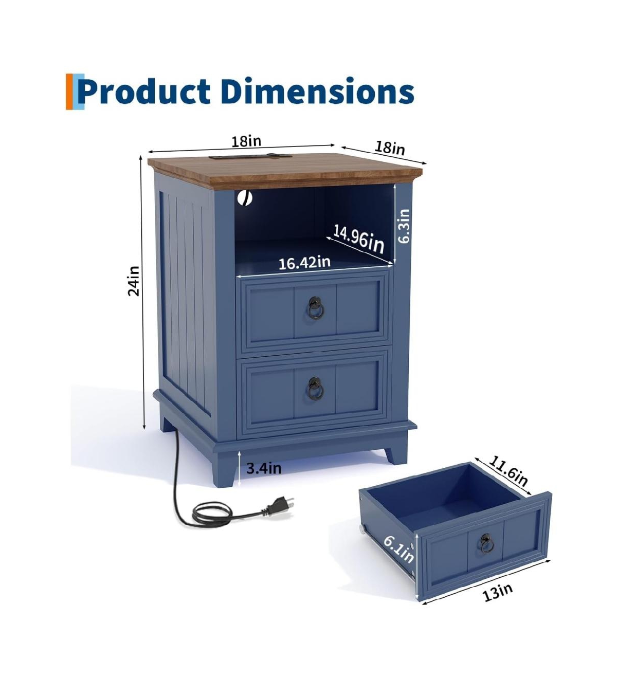 gaomon 18” Wood Nightstand Set of 2 with Usb Charging – Modern Fluted Design, Two-Drawer Bedside Table & Shelf, Blue Finish