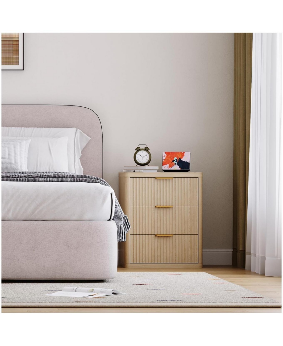 Gaomon Fluted Nightstand Set of 2, Bedside Table Built-in Charging Station, Featuring 3 Drawer & Open Storage Space, Mid Century Modern Night Stand