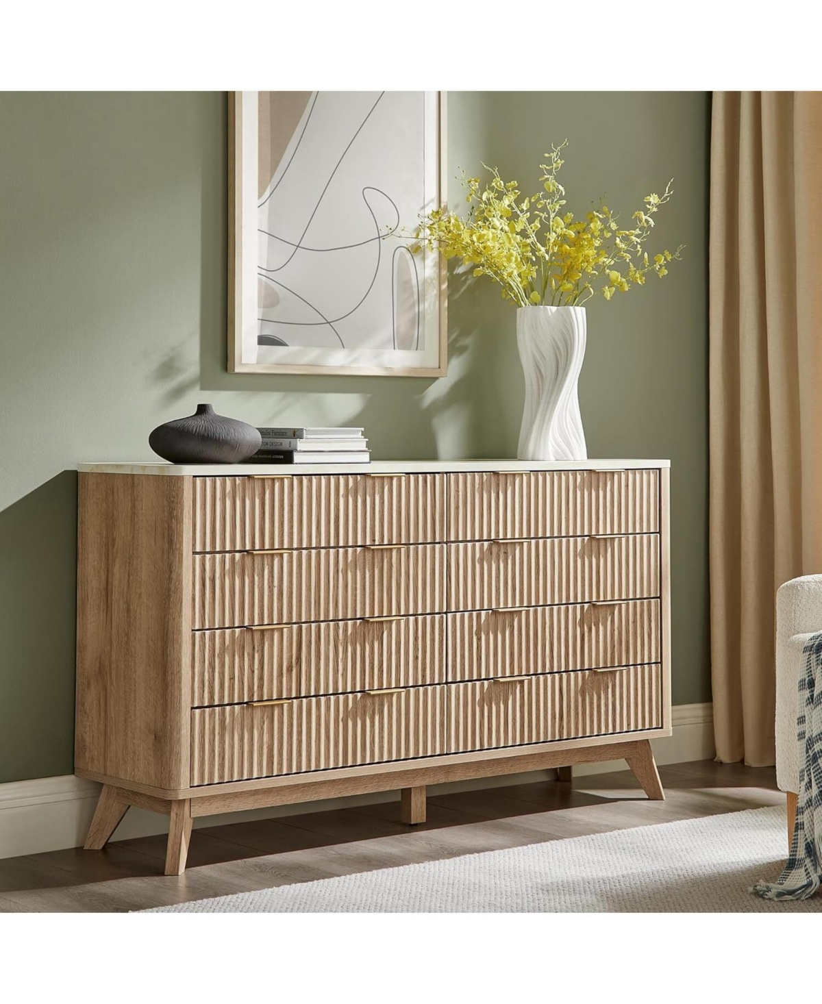 gaomon 54" Fluted 8-Drawer Dresser, Modern Chest w/ Faux Marble Top, Tv Stand & Wood Organizer