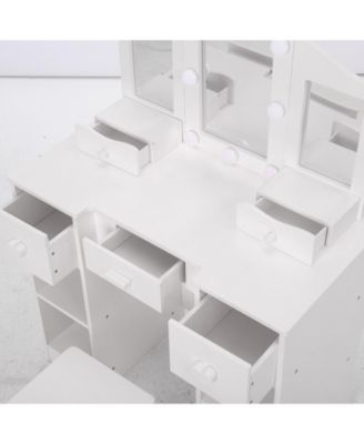 Kids Vanity Set, 2-in-1 Princess Makeup Table with Tri-Folding Mirror & Drawer, Stool, Toddler Vanity, Pretend Play Vanity Set for Kids