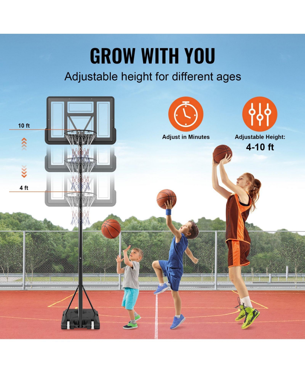 Mecale 44-Inch Adjustable Basketball Hoop, 4–10 ft Portable Backboard System with Wheels and Fillable Base