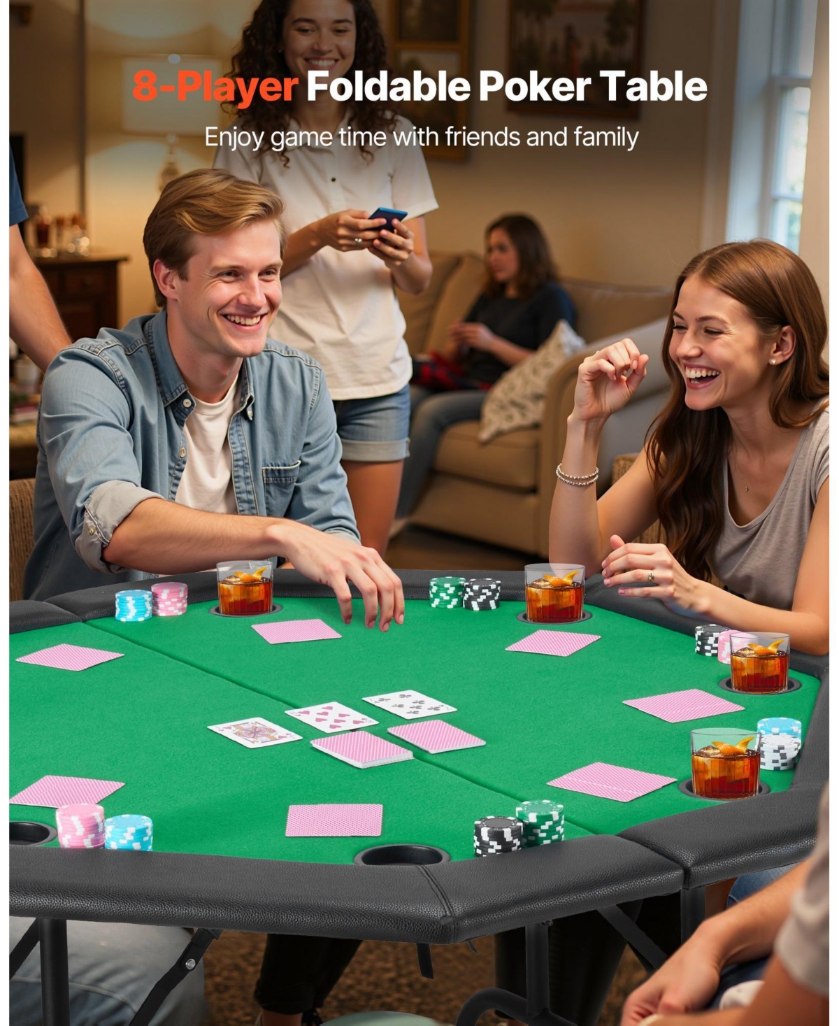 Mecale Foldable Poker Table, 48" Octagonal 8-Player Folding Casino Table with Padded Rails and Cup Holders