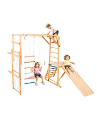 8-in-1 Wooden Indoor Playground Jungle Gym with Swing, Slide, Monkey Bars, Gym Rings, Ladders & Climbing Net, 220 lb Capacity