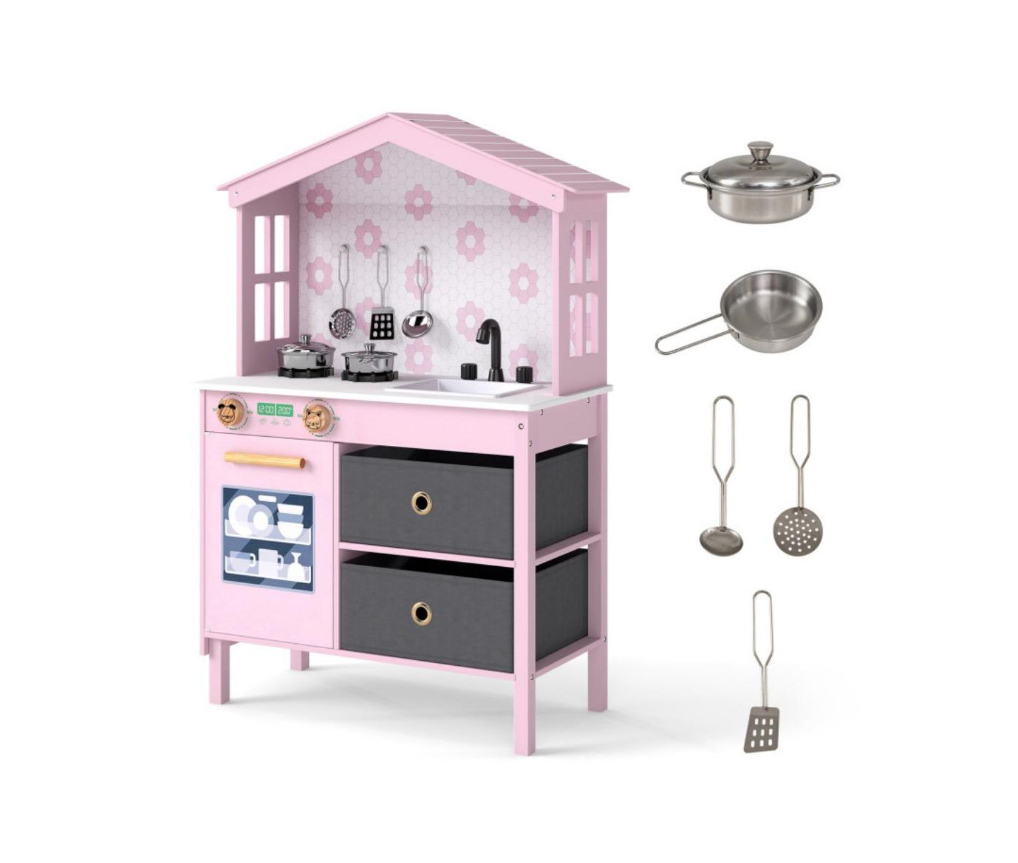 Детская игрушка HONGGE Dual Stoves Wooden Play Kitchen, Ages 3+, цвет: Розовый — фото 1