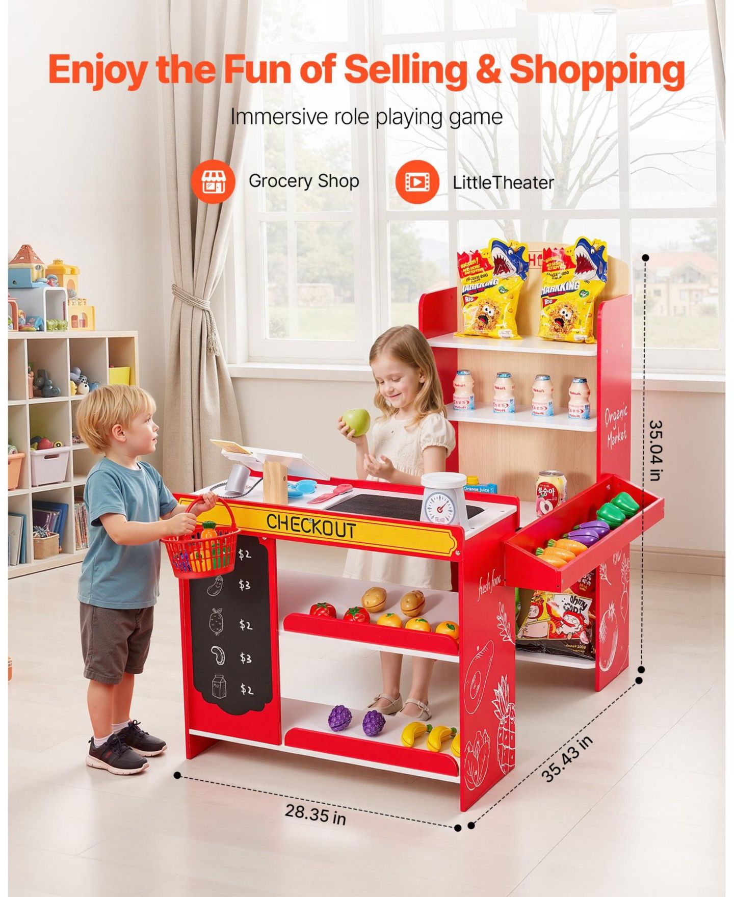 Детский игровой набор HONGGE Grocery Store Conveyor Belt 35-Piece Playset, Ages 3+, цвет: Красный — фото 5