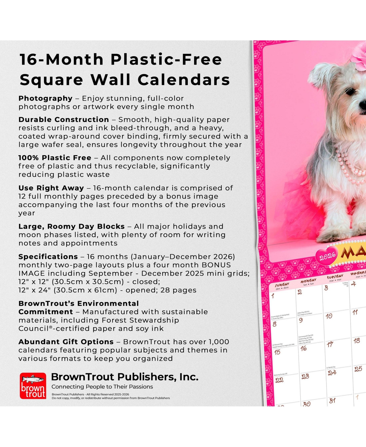 BrownTrout Puppies in Pink | 2026 12 x 24 Inch (Hanging) Monthly Square Wall Calendar | Plastic-Free
