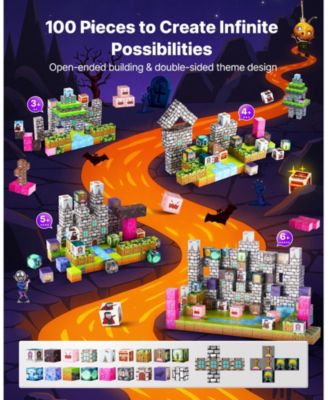 Magnetic Blocks, 100-Piece Cemetery Zombie Themed Magnetic Cube Building Set for Kids Ages 3