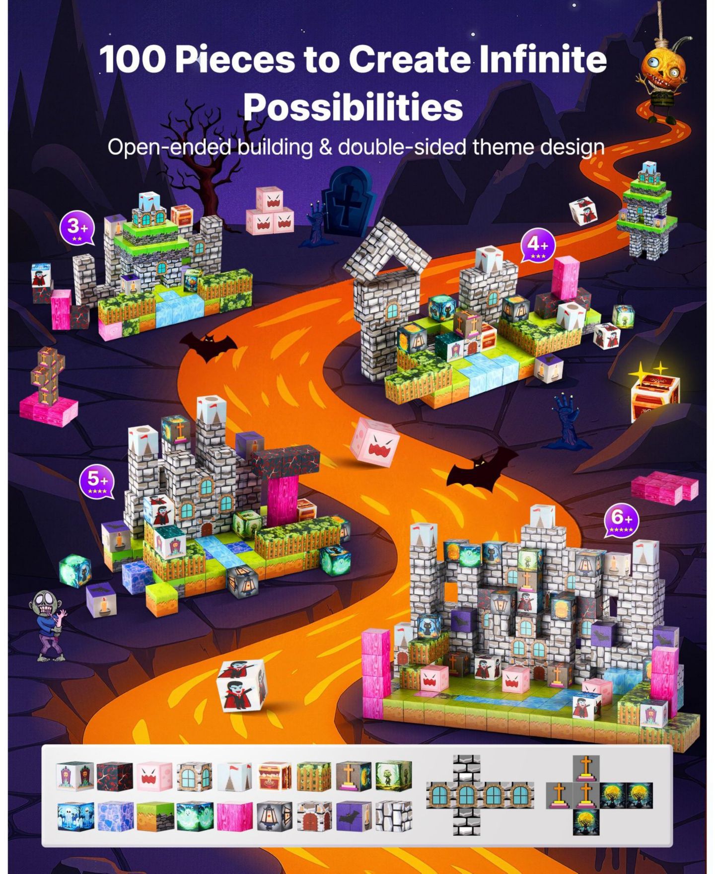 Детский конструктор Mecale Cemetery Zombie Themed 100-Piece Magnetic Building Set, Ages 3+, цвет: Зелёный — фото 4