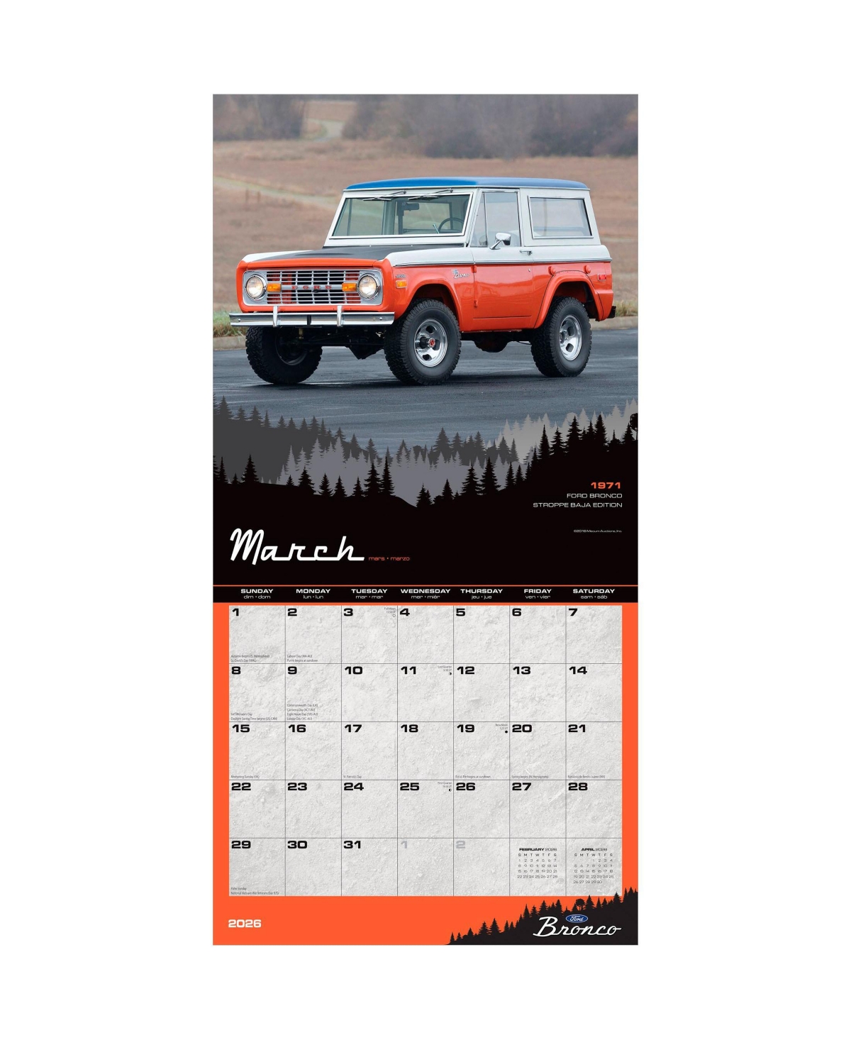 BrownTrout Ford Bronco Official | 2026 12 x 24 Inch (Hanging) Monthly Square Wall Calendar | Plastic-Free