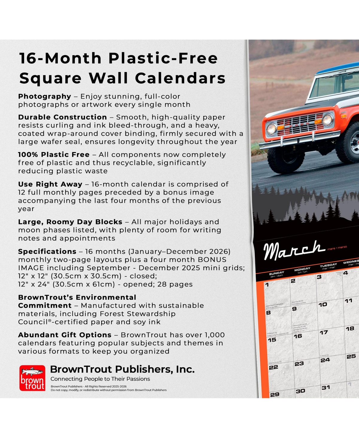 BrownTrout Ford Bronco Official | 2026 12 x 24 Inch (Hanging) Monthly Square Wall Calendar | Plastic-Free