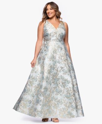 Plus Size V-Neck Glitter Brocade Long Ball Gown