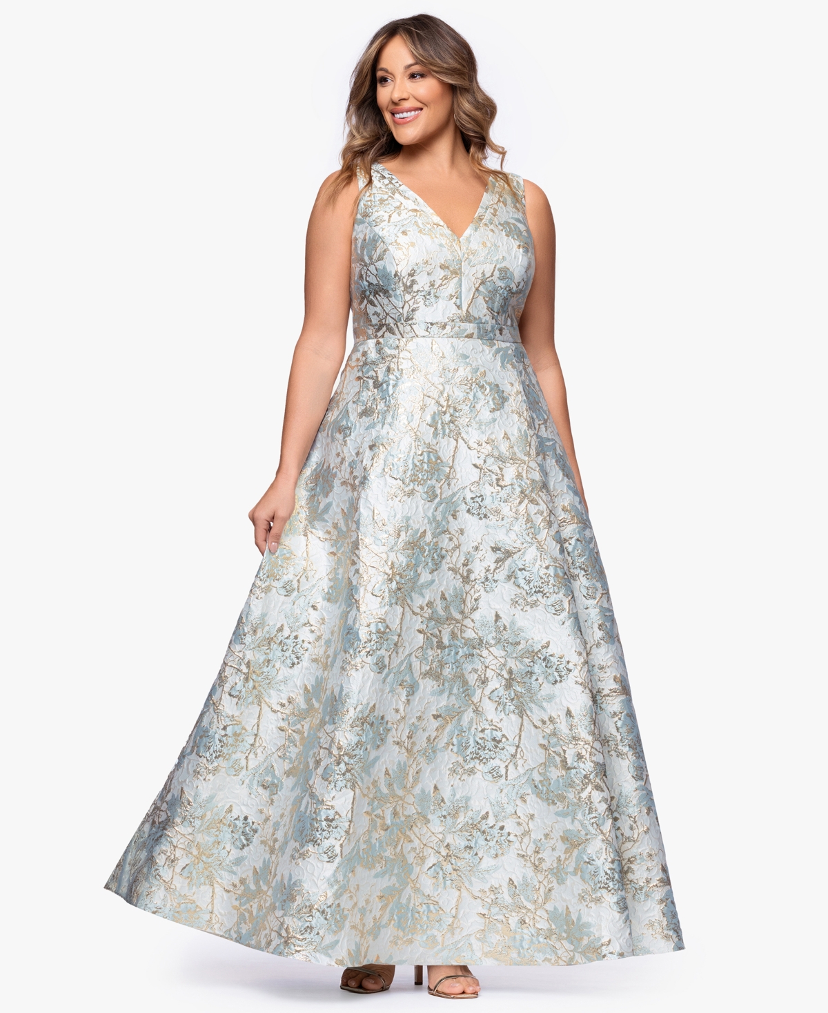 Xscape Plus V-Neck Glitter Brocade Long Ball Gown