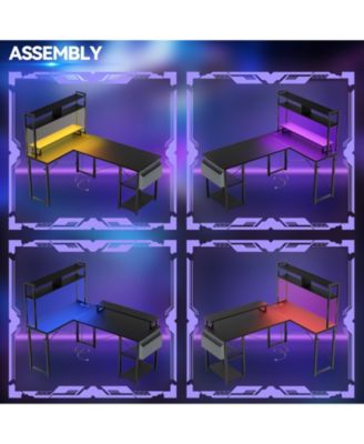 49'' Small L Shaped Desk with Hutch, Reversible Computer Gaming Desk with Outlet and LED Strip