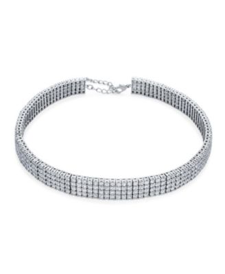 Holiday Wide 5 Row Crystal Statement Choker Necklace & Circle Round Compass Cubic Zirconia CZ Dangle Earring Jewelry Set