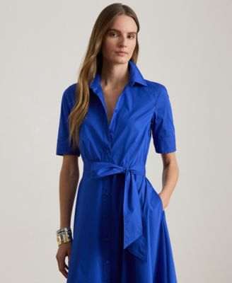 Women's Petite Belted Point Collar Shirt Dress