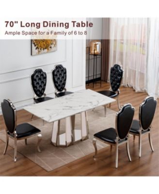 Marble Dining Table for 6 People, 70" Faux Marble & Stainless Steel Base (Silver, White