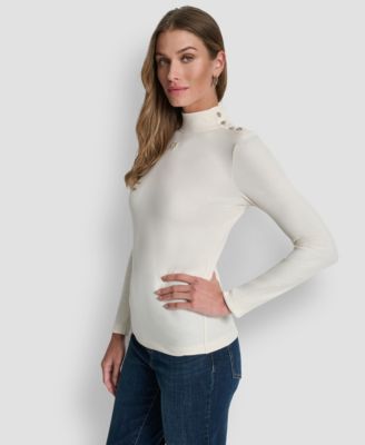 Women's Jewel Button Shoulder Mock Neck Long-Sleeve T-Shirt