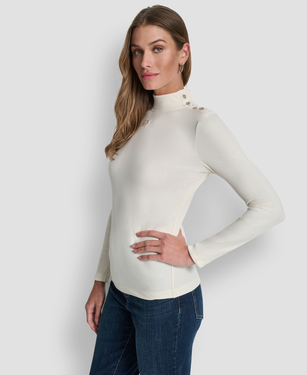 Dkny Jeans Women's Jewel Button Shoulder Mock Neck Long-Sleeve T-Shirt