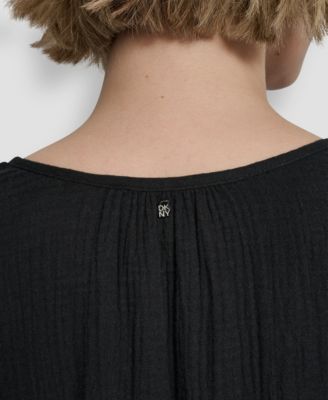 Women's Long-Sleeve Double Crepe Gauze Tie Neck Crop Top