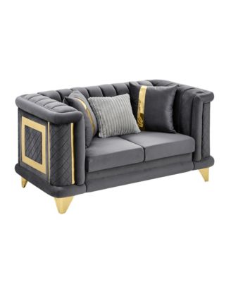 69" Velvet Loveseat Sofa, Gold Trim, Tufted, Pillows - Gray