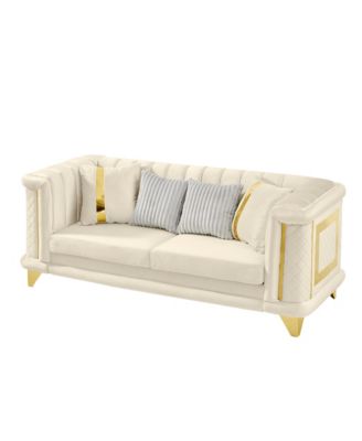 89" Velvet Sofa, Gold Trim, Tufted Couch with Pillows, Beige