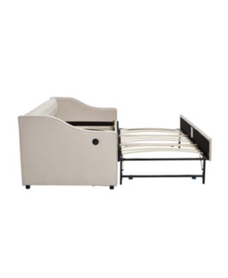 Twin Upholstered Daybed with Trundle, USB, Pockets, Velvet, Button Tufted