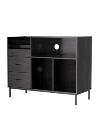 Record Player Stand with Power Outlet, Flip-Down Lid, Storage