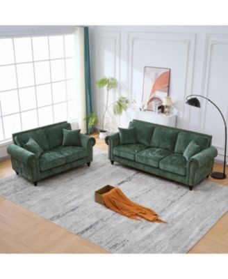 Modern Chenille 3+2 Seater Sofa with Rolled Arms, Wood Legs, Green