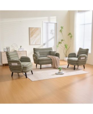 Modern two-seater sofa with armrests, pillows, and storage pockets.