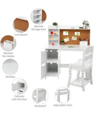 Kids Study Desk with Chair, White Desk Set for Kids, Student Writing Desk with Bookshelf, Bulletin Board and Cabinets for Boys and Girls