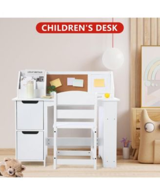 Kids Study Desk and Chair Set, Wooden Learning Table with Storage, Hutch and Bulletin Board for Home or School