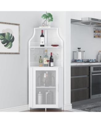 Farmhouse Wine Bar Corner Cabinet with Detachable Rack, Mesh Door, Glass Rack & Storage for Kitchen and Dining Room