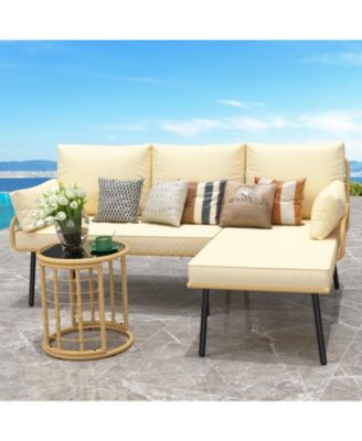 3-Piece L-Shaped Patio Set, Outdoor Sectional Sofa with Cushions & Glass Table for Garden or Backyard
