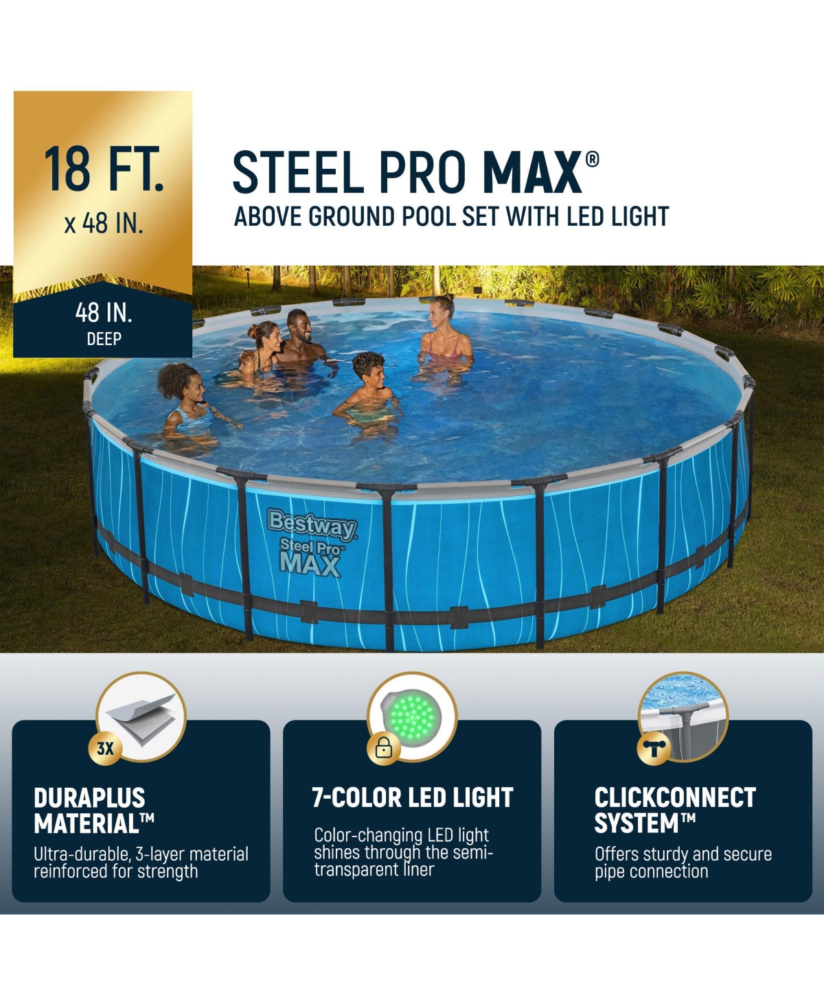 Bestway Steel Pro Max 18' x 48" Round Above Ground Pool Set w/Led Light & Remote
