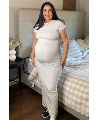 Maternity Cream Fitted Short Sleeve Maxi Dress