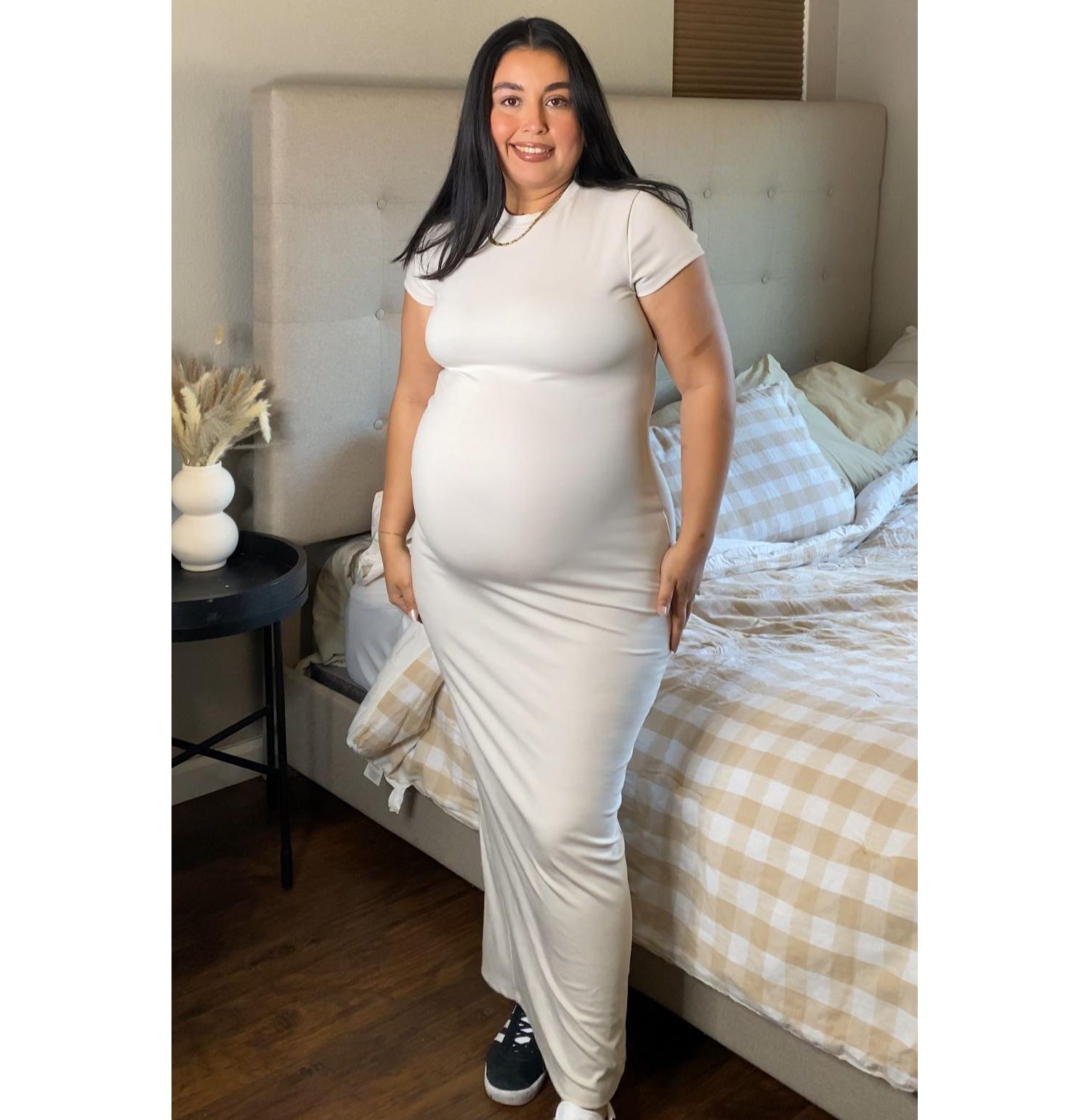 Women's Cream Fitted Short Sleeve Maxi Dress