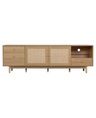TV Stand for 65 to 85 Inch TV with Open Storage and Drawers, Modern Wood Media Console with Real Rattan